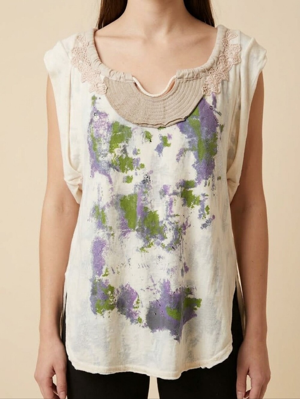 Free People Vintage Y2K Boho Tie Dve Crochet Yoke Scoop Neck Top Small S